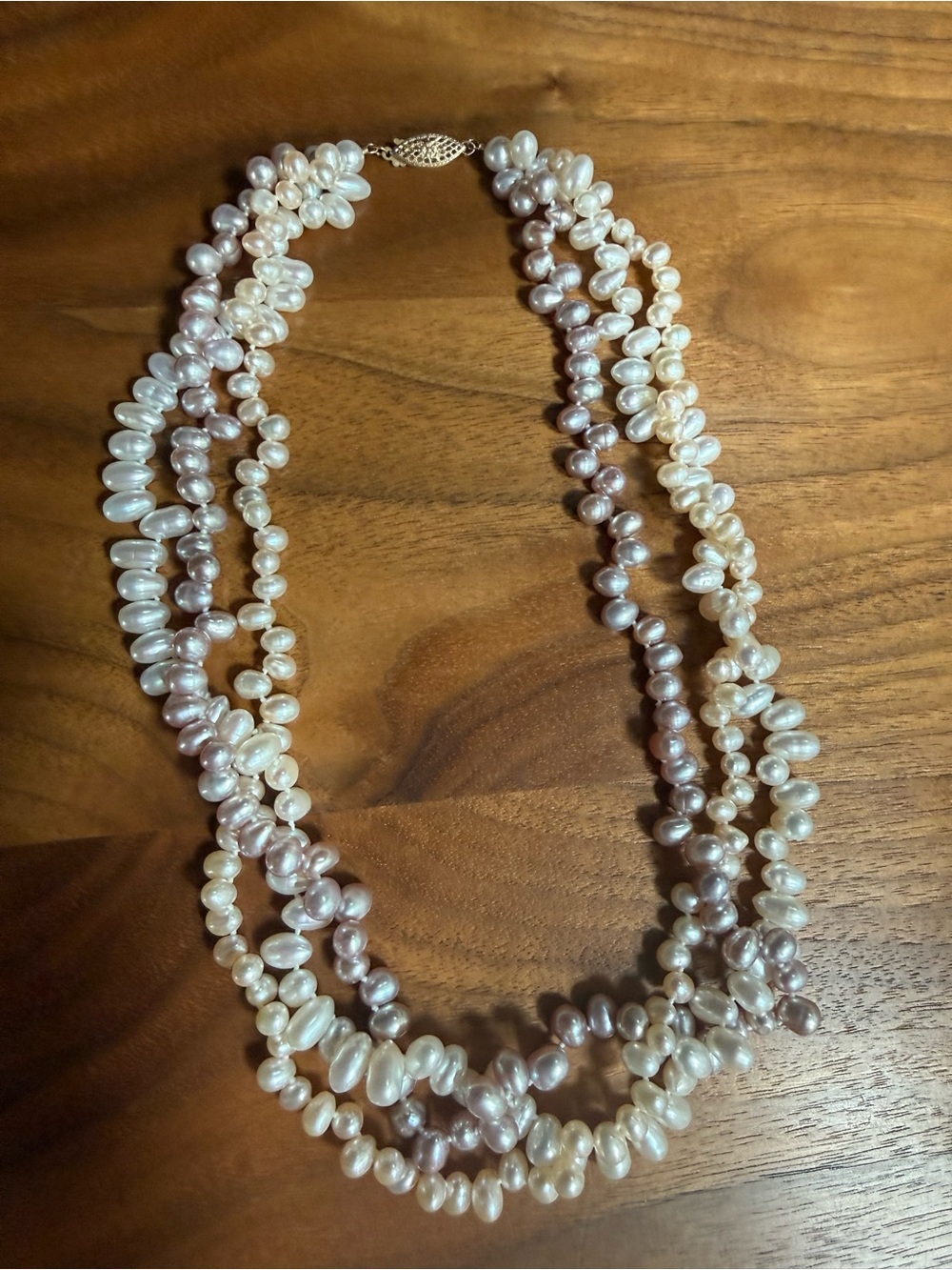 Vintage 3-Strand Color Pearl 14kt Gold Necklace in Cream and Pink